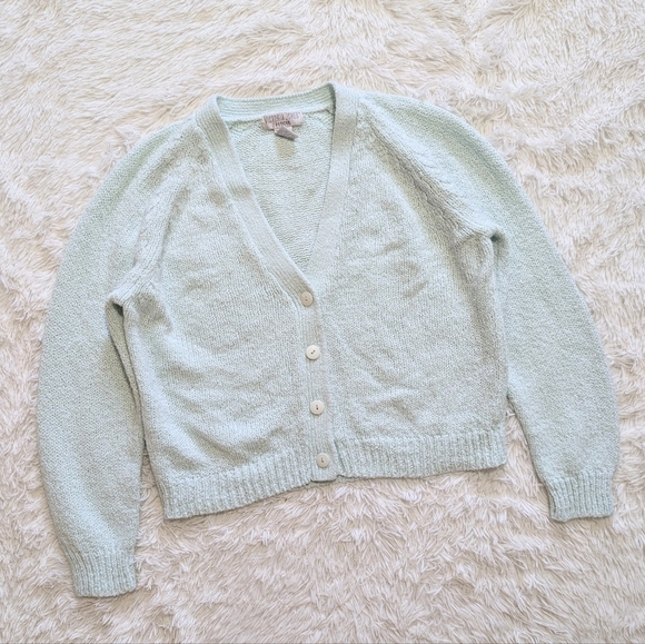 Vintage Sweaters - 90s Vintage Victoria Jones Mint Knit Button Down Cardigan Petite Medium